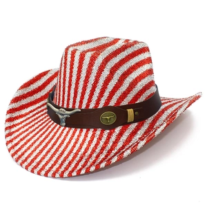 Sparkly red and silver striped cowboy hat with western bull buckle trim for parties