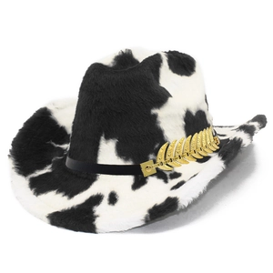 Fashion Women Cow Print Plush Cowboy Hat With Gold Leaf Accessory Warm Western Jazz Fedora Hat For Party Winter Outdoor