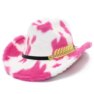 Pink and white cow print plush cowboy hat with western style and gold leaf accessory