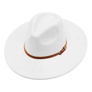 Detail of white wide brim fedora with brown leather band and gold buckle accent