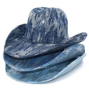 Set di tre cappelli da cowboy in denim blu con paillettes per feste e spettacoli