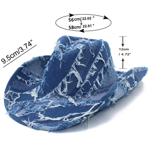 Detail view of vintage denim cowboy hat showing 9.5cm brim and distressed fabric texture