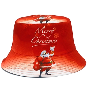 Festive red bucket hat featuring Santa Claus illustration and Merry Christmas text print