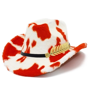 Western cowboy hat in orange cow print plush fabric with golden leaf metallic accents