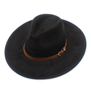Detail of black wide brim suede fedora with brown leather band and gold metal buckle