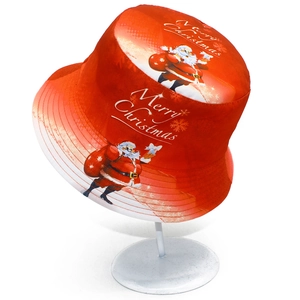 Close-up of red Christmas bucket hat with Santa print and Merry Christmas text