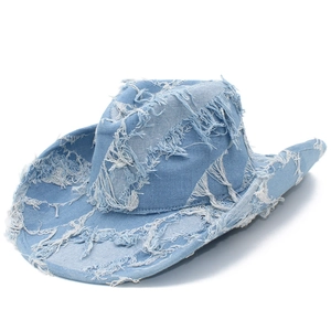Light blue denim cowboy hat with vintage distressed frayed edges and heart top shape
