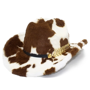 Western cow print plush cowboy hat with a gold feather accessory on a black band