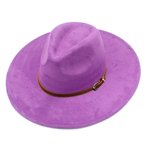 Detailed top view of purple faux suede fedora with brown leather band and gold buckle