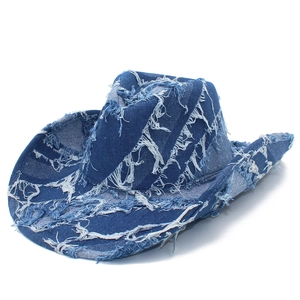 Vintage Distressed Denim Cowboy Hat Frayed Edge Western Sun Hat For Men Women Outdoor Streetwear Fashion Jazz Hat