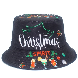 Black Christmas bucket hat with festive spirit print including cocktails and candy canes