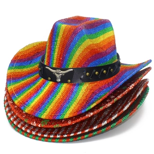 Rainbow striped cowboy hat with silver bull head ornament and black leather band