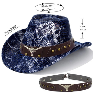 Detail of blue snake print fedora with leather band and metal bull head emblem
