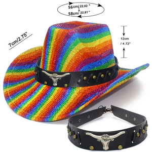Detailed view of rainbow sequin cowboy hat with measurements of brim and crown height