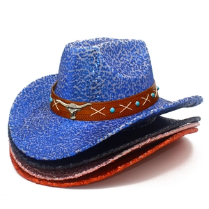Sombreros de vaquero de lentejuelas con emblema de toro en azul, negro, rosa y naranja