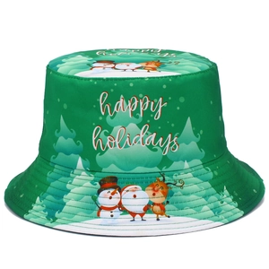 Green Christmas bucket hat with happy holidays print featuring snowmen and Santa Claus