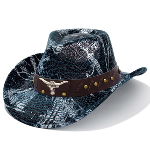 Detail of blue faux crocodile texture fedora with a silver bull head leather band