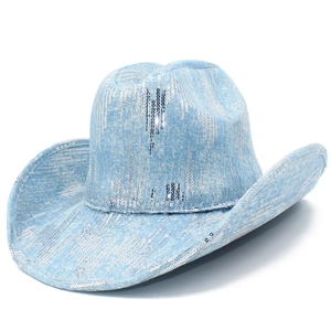 Cappello da Cowboy Western in Denim di Moda con Paillettes Scintillanti Cappello da Cowgirl a Tesa Larga per Festa Streetwear