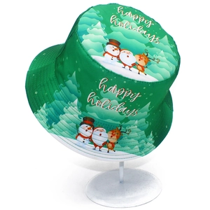 Detail of green Christmas bucket hat with festive prints and Happy Holidays text