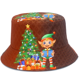 Christmas fisherman hat with holiday elf and gift box prints on brown lattice pattern