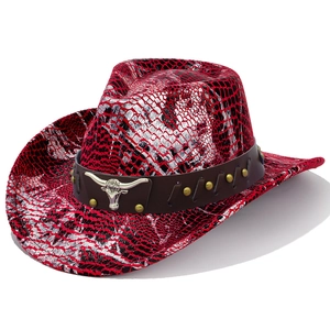 Western cowboy hat with red and silver snakeskin texture and a metal bull head stud