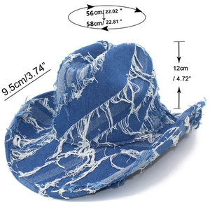 Detailed size guide for denim cowboy hat with frayed edges showing brim and height