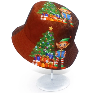 Detail of Christmas bucket hat with festive digital print and high-quality stitching