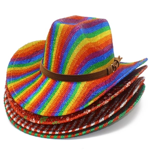 Chapeaux de cowboy rayés arc-en-ciel avec paillettes et bande en cuir pour fêtes