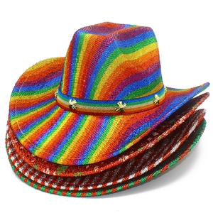 Rainbow striped western cowboy hat with golden star studs and woven texture design