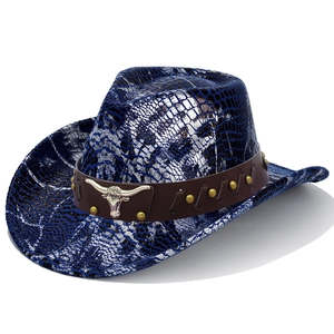 Detail of blue faux snakeskin fedora with brown leather band and silver bull head badge