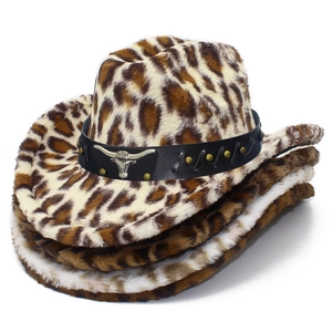 Cappello da Cowboy in Pelliccia Sintetica Leopardata per Donna Uomo Stile Western Con Decorazione Testa di Toro Inverno Caldo Fedora