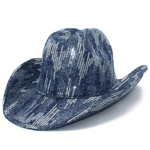 Cappello da cowboy in denim blu scuro con paillettes argento lucide per moda outdoor