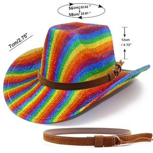 Détail du chapeau de cowboy arc-en-ciel avec dimensions tour de tête 58cm et bord 7cm