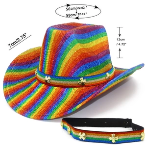 Detail showing dimensions of a colorful glitter cowboy hat with shiny sequins and a gold cross band