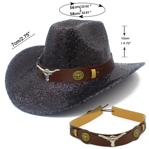 Detail showing deep purple sequin cowboy hat with brown faux leather bull head band