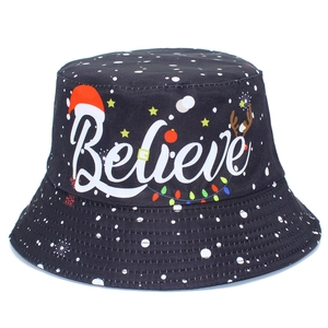Black Christmas bucket hat featuring Believe text with festive reindeer and Santa motifs