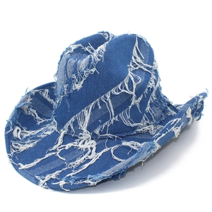 Distressed Denim Cowboy Hat For Men Women Fringed Tassel Western Style Washed Denim Sun Hat Outdoor Travel Streetwear