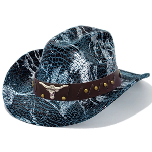 Metallic Snake Embossed Western Cowboy Hat With Bull Head Metal Rivets Polyester Jazz Hat For Men Women Outdoors Party