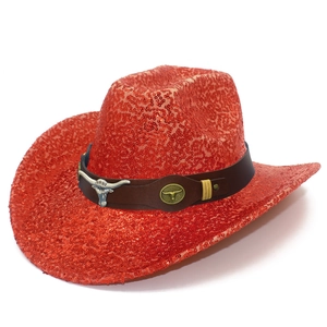 Red sequin cowboy hat with silver longhorn bull metallic emblem and leather band