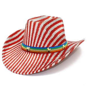 Bohemian rainbow western cowboy hat with red and silver sequins for festivals