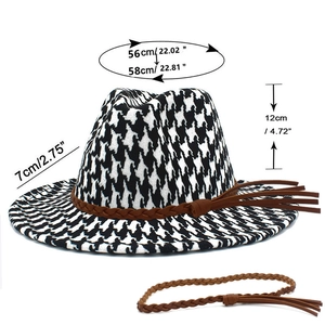 Detailed size specifications for houndstooth fedora hat with adjustable belt and brim dimensions