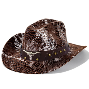 Classic Western cowboy hat featuring brown crocodile texture and silver longhorn metal buckle