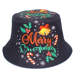 Detail of black cotton bucket hat featuring festive Merry Christmas prints and motifs