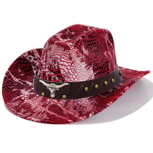 Detail of red and silver snakeskin texture western hat with metallic bull head emblem