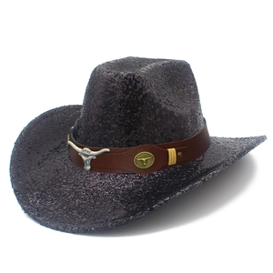 Sparkly purple sequin cowboy hat with brown leather band and silver bull head emblem