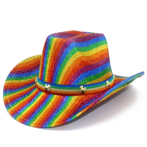 Rainbow glitter cowboy hat featuring metallic gold cross studs on a colorful striped band