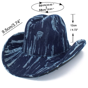 Detailed view of vintage washed distressed denim cowboy hat with size measurements