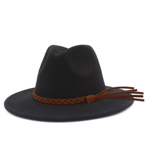 Classic black wool jazz hat featuring a brown woven leather belt and fringe detail