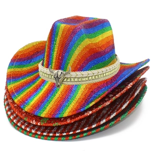 Rainbow striped glitter cowboy hat with cow skull pendant and metallic gold studs
