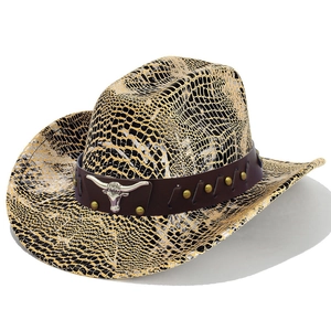 Golden crocodile texture cowboy hat with studded leather band and bull head emblem